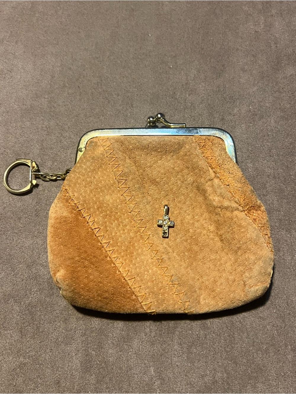 Vintage Suede Coin Purse in Tan with Gold Cross Charm